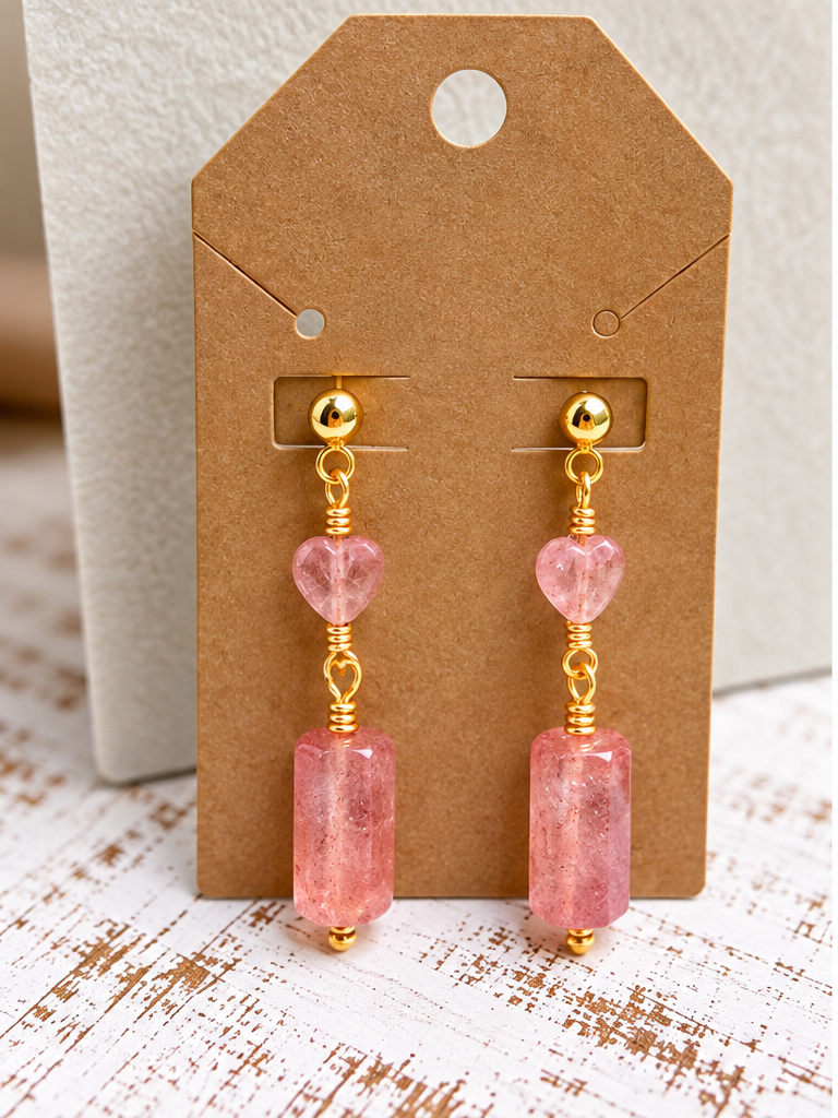Strawberry Quartz Heart Drop Earrings