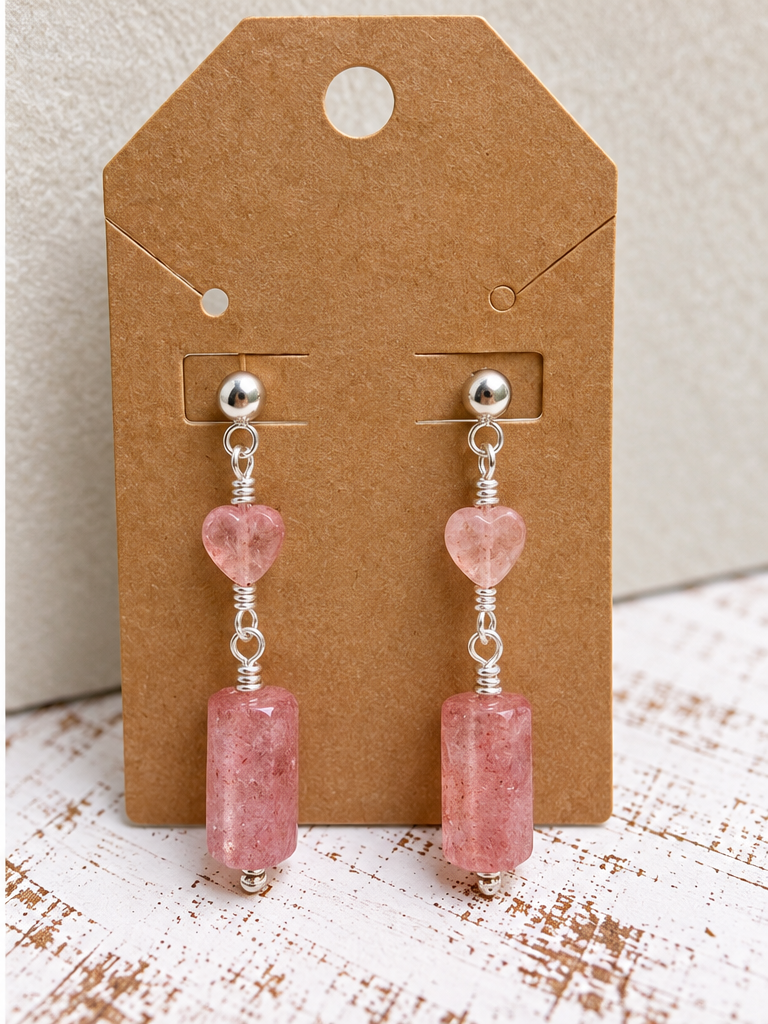 Strawberry Quartz Heart Drop Earrings